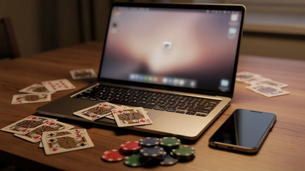 Billedet viser en bærbar computer og en smartphone placeret på et bord, omgivet af spillekort og pokerchips, hvilket skaber en atmosfære af online gambling og spil. Dette setup kunne være ideelt for loyale spillere, der udforsker udenlandske casinoer uden rofus.